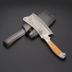 13 Inch, Handmade Damascus Steel Chef Chopper Knife, Chef Cleaver With Leather Sheath