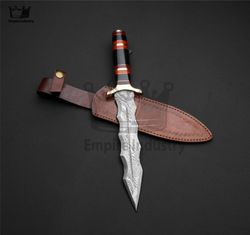 Handmade Damascus Steel 16 Inches Double Edge Beautiful Hunting Dagger, Battle Ready With Leather Sheath,