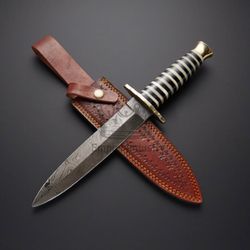 Handmade Damascus Steel 15 Inches Double Edge Beautiful Hunting Dagger, Battle Ready With Leather Sheath,