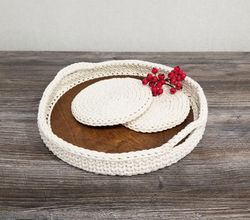 Crochet serving tray 2 napkins Serving dish Crochet coaster Coffee tray Table decoration Cotton tray Gift