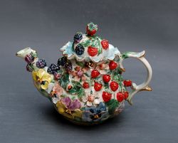 Art teapot Berries and flowers Handmade botanical porcelain teapot raspberries, blackberries,pansies decor