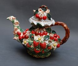 Art teapot Berries and flowers Handmade botanical porcelain teapot Cherry,  Strawberries decor