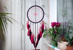 Dream catcher large red | Red black beaded Dreamcatcher Native American style | Yjusewarming gift idea