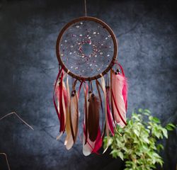 Brown Boho Dream catcher Native American style, Dark red dreamcatcher, Sparkling beaded wine red dream catcher decor
