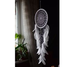 Large White Dream Catcher Beaded Wall Hanging | White Crochet Doily Mandala Dreamcatcher Spider Web