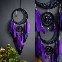 Large black purple dream catcher with amethyst crystal | | Moon dream catcher | Amethyst purple dreamcatcher for girl