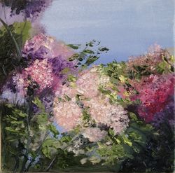blooming lilac, flowers in oil, lilac in oil, canvas on fiberboard, flowers as a gift