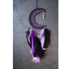Purple crescent moon dream catcher with amethyst crystal | | Moon dream catcher | Amethyst purple dreamcatcher for girl