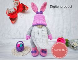 Crochet Easter gnome PATTERN with easter basket and eggs, Crochet Easter decoration, Amigurumi Bunny Gnomes