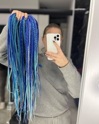 Blue Navy Turquoise White mix ombre Braids synthetic twisted smooth double ended de dreadlocks FULL SET (60 pcs DE)