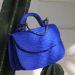 Genuine Python Skin Top Handle Bright Blue Crossbody Bag | Exotic Leather Bags | Snakeprint Bag | Handmade Designer Bag