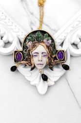 Mondragon necklace with amethyst. Polymer clay jewelry. Handmade gift for her