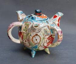 Unusual teapot Alice Wonderland Three spouts Teapot Mad Tea Party Porcelain art  Alice fans gift. fine art ceramic