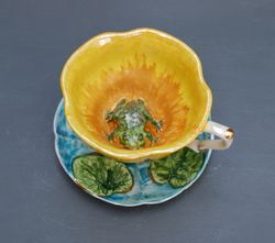 Tea coffee cup and saucer set Surprise mug Frog figurine Miniature sculpture Inside the cup Funny mug Botanical pottery