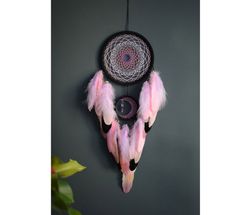 Large purple pink and black dream catcher with amethyst crystal | Crescent moon dreamcatcher for girl Baby girl nursery