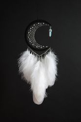 Black and white crescent moon dream catcher with moonstone crystal | White half moon dream catcher for nursery