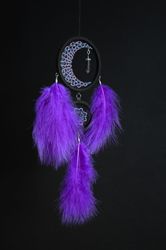 Crescent moon purple dream catcher with amethyst crystal | | Moon dream catcher | Amethyst purple dreamcatcher for girl