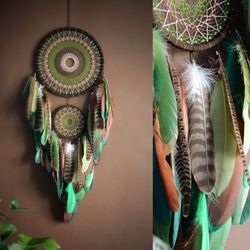 Extra large natural dream catcher green with blown | Natural earthy dreamcatcher | Tribal wall decor | Master's Bedroom
