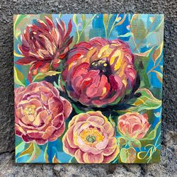Oil painting, pink peonies on a turquoise background, floral still life, leaves. Canvas on stretcher, oil paints. Presen