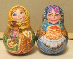 Winter themed wooden Roly Poly dolls music - Traditional Russian nevalyashka toy hand-painted