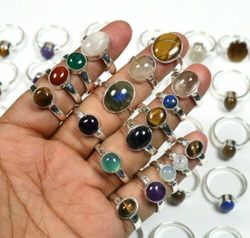 100Pcs Moonstone & Mix Gemstone Silver Plated Rings Lot 925 Rings Lot Silver Plated Rings Lot Jewelry Wholesale Lot Ring