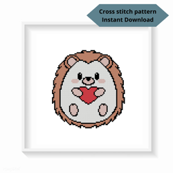 Hedgehog and Heart cross stitch pattern, Cute cross stitch pattern, Valentines embroidery, Instant download, Digital PDF
