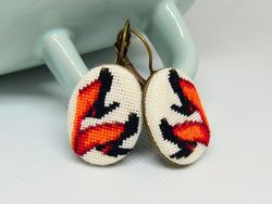 Black shoes embroidered earrings, Cross stitch orange jewelry, Handcrafted gift for women