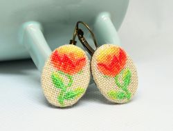 Red peony embroidered earrings, Cross stitch floral jewelry, Handcrafted nature gift for woman