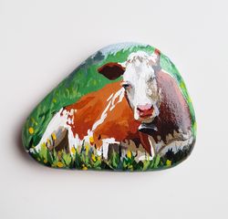 Cow hand-painted rocks Animal painted stone for garden Cow original rock painting by Dorokhina Natalya
