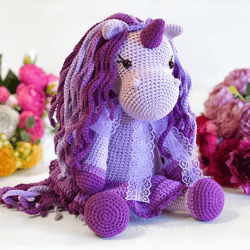 Crochet unicorn purple. Stuffed toy for a girl as a birthday gift. Unicorn for sister, niece, daughter