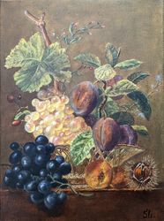Reproduction Oil Painting Still Life with Plums and Chestnut Original Art Handmade Wall Art 16x12x0.6 inch