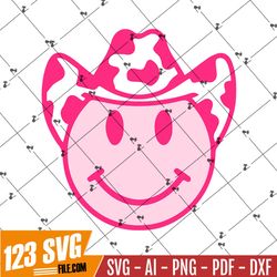 Cow Print Hat Smiley Face SVG PNG DXF Disco Cowboy Smiley Cow Print Cowboy Hat