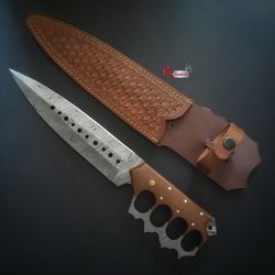 handmade damascus steel hunting knife, hand forged damascus knife, camping knife with leather sheath