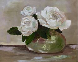 Roses Painting Original Art White Flowers Artwork Oil Painting On Canvas Still Life Colorful Painting Floral Artwork