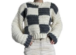 Grey and White Checkered Crochet Sweater, Checkered Crochet Sweater, Crochet Patchwork Sweater