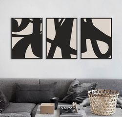 Abstract Triptych, Set Of 3 Posters, Abstract Line Art, Large Wall Art, Digital Download, Black And Beige Picnures