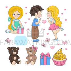 LOVE PARTY Valentine Day Cartoon Vector Illustration Set
