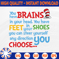 Dr. Suess Quote - You have brains in your head. You have feet in your shoes dr seuss svg,png,dxf, cat in the hat font,