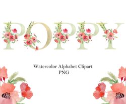 Watercolor poppy,  floral letters, flower numbers.