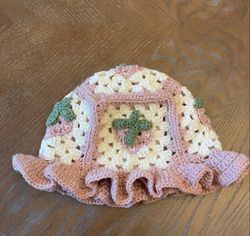 Crochet Strawberry Summer Granny Hat, Strawberry Crochet Hat, Handmade Vintage Hat, Strawberry Granny Square Crochet Hat