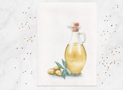 Green olives painting Glass bottle painting Kitchen wall art Original watercolor painting 5x7