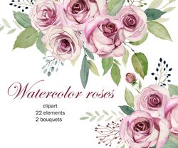 Watercolor roses clipart, pink rose png.