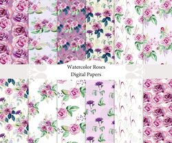 Watercolor roses, seamless patterns.