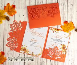 Dry maple leaf invitation template, Fall wedding trifold envelope svg, thanksgiving invitation for Cricut, Laser Cut