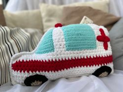 Crochet pillow pattern Ambulance. Crochet home decor. Bus pocket pillow. Thank you gift ideas. Velvet plush car pillow.