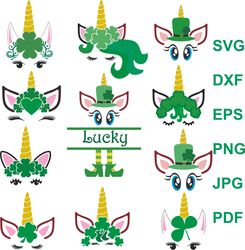 Unicorn SVG, Unicorn Head, Unicorn Face,  St. Patrick's Day SVG  PNG EPS DXF Unicorn Clipart, Unicorn with Clover Leaf