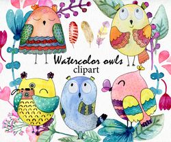 Watercolor owls clipart, png.