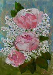 Pink Roses Painting Original Art Oil Painting Flowers Artwork Small Painting Colorful Art Rose Art 7x5 inches Floral Art