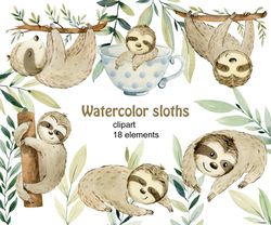 Watercolor sloths clipart, png.