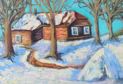 Snow Cabin Painting Landscape Original Art Impasto Oil Painting 7x10in by Inna Bebrisa